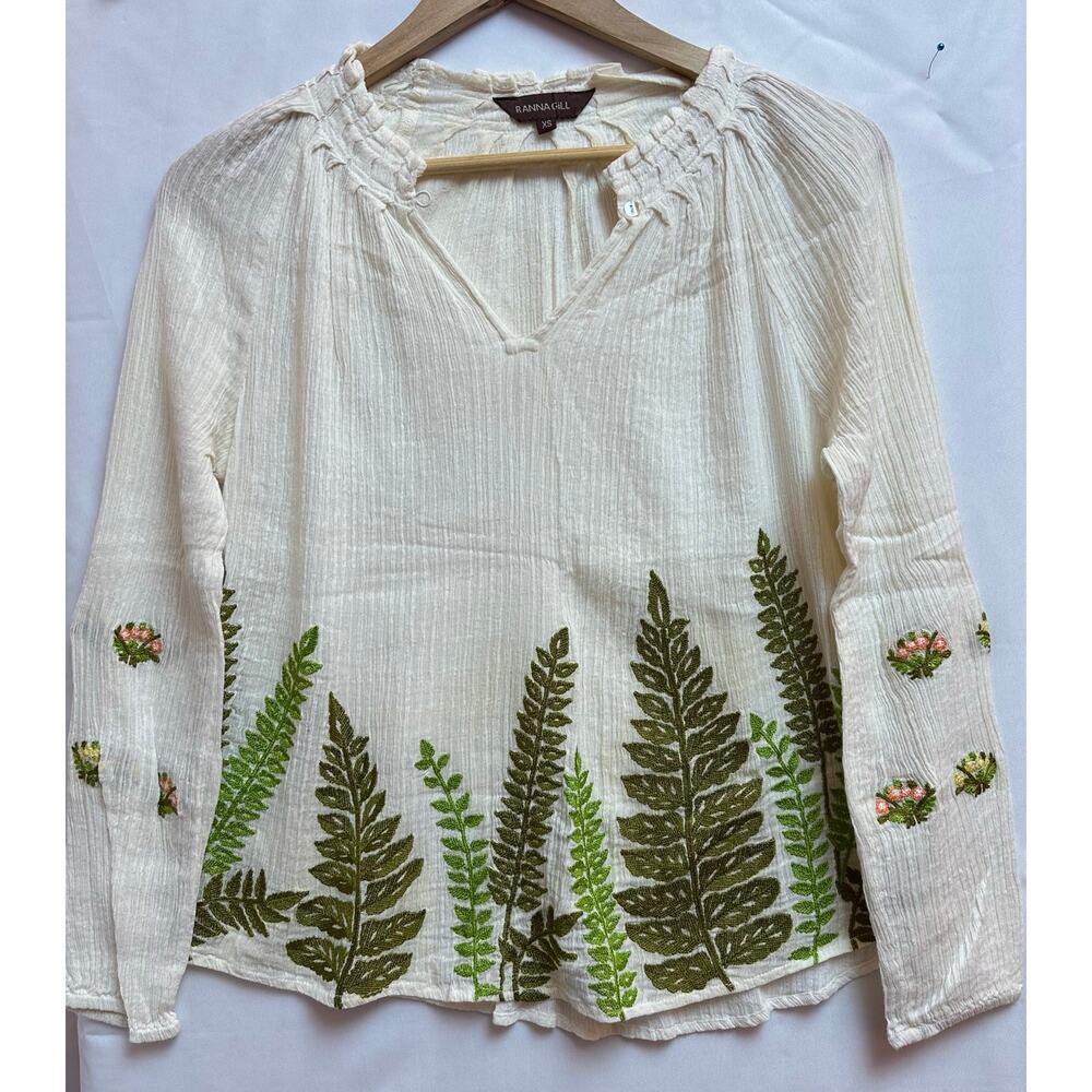 Anthropologie Ranna Gill Embroidered Botanical peasant top XS Extra